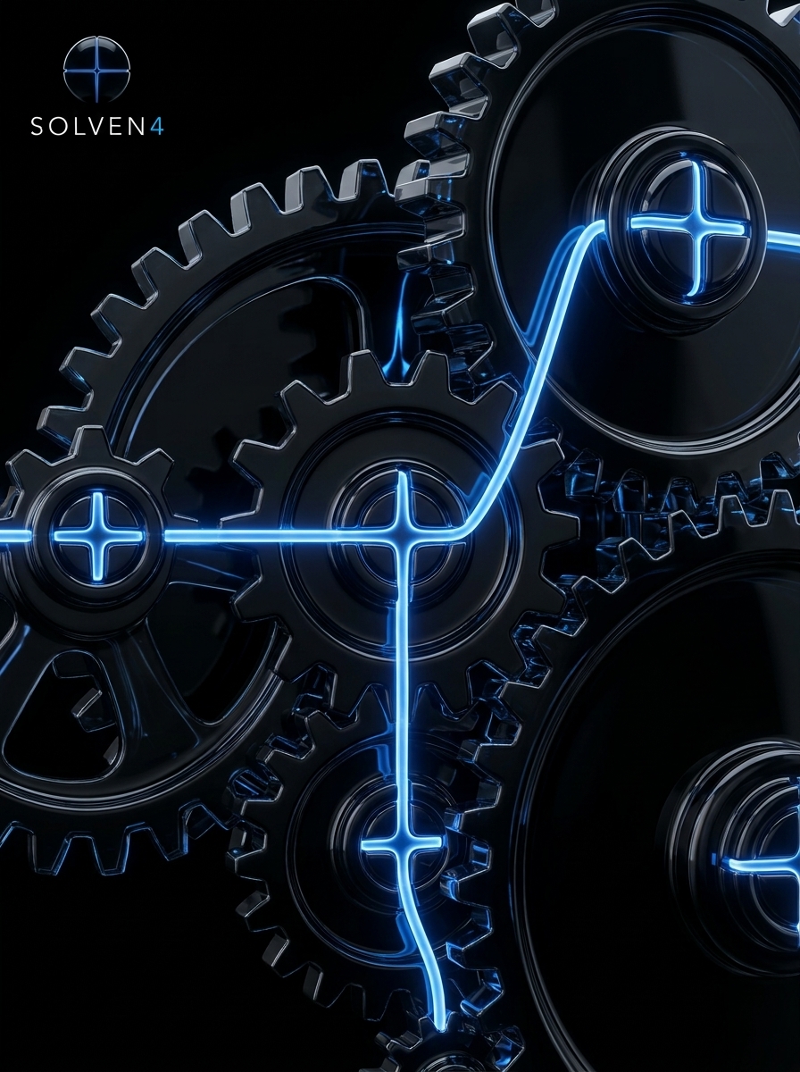 Gears controlled by a single filament, representing SOLVEN4 FORGE's automation engine for introducing brokers